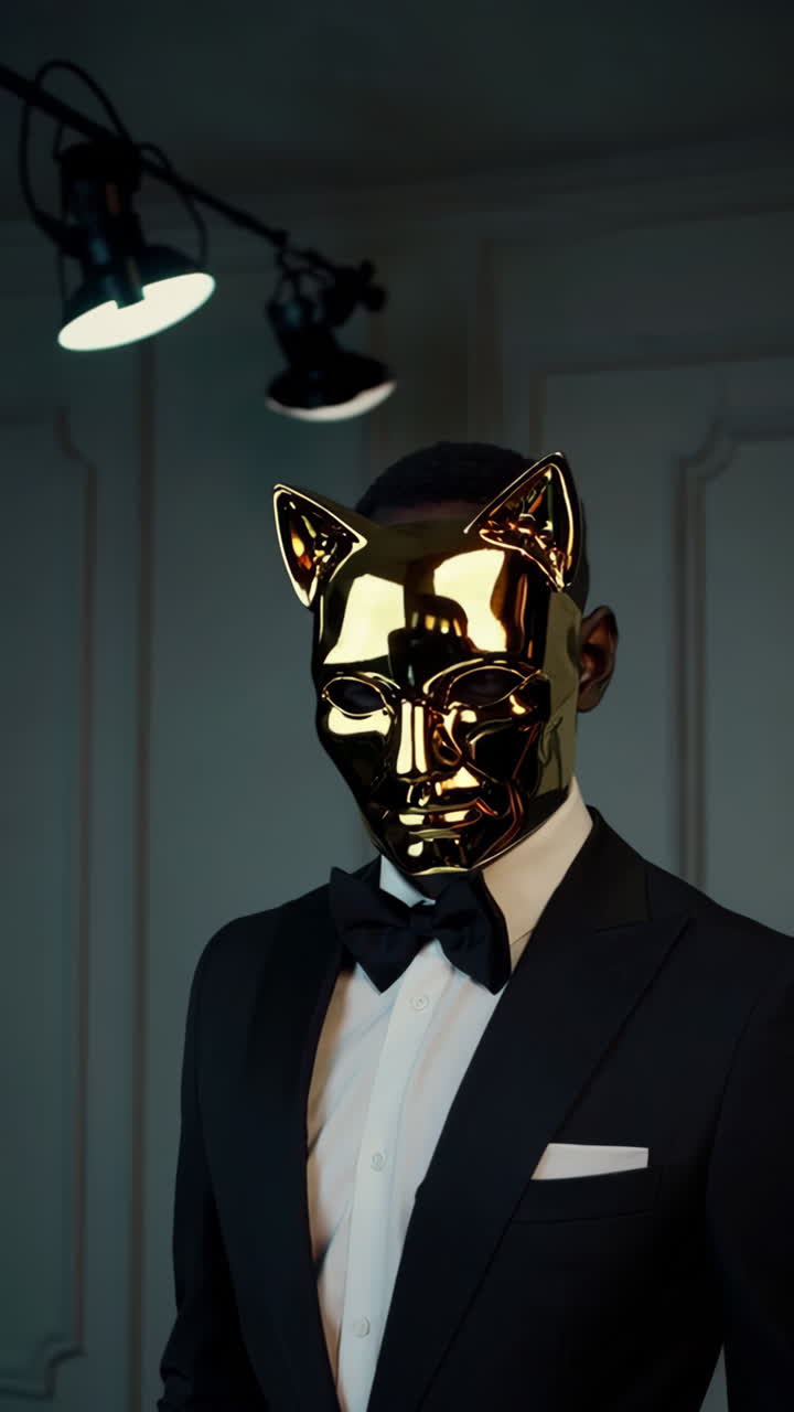 Mysterious Figure in Golden Cat Mask and Tuxedo