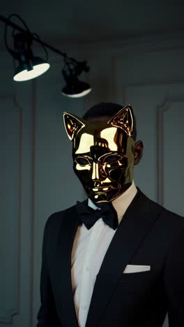 mysterious figure in golden cat mask and tuxedo