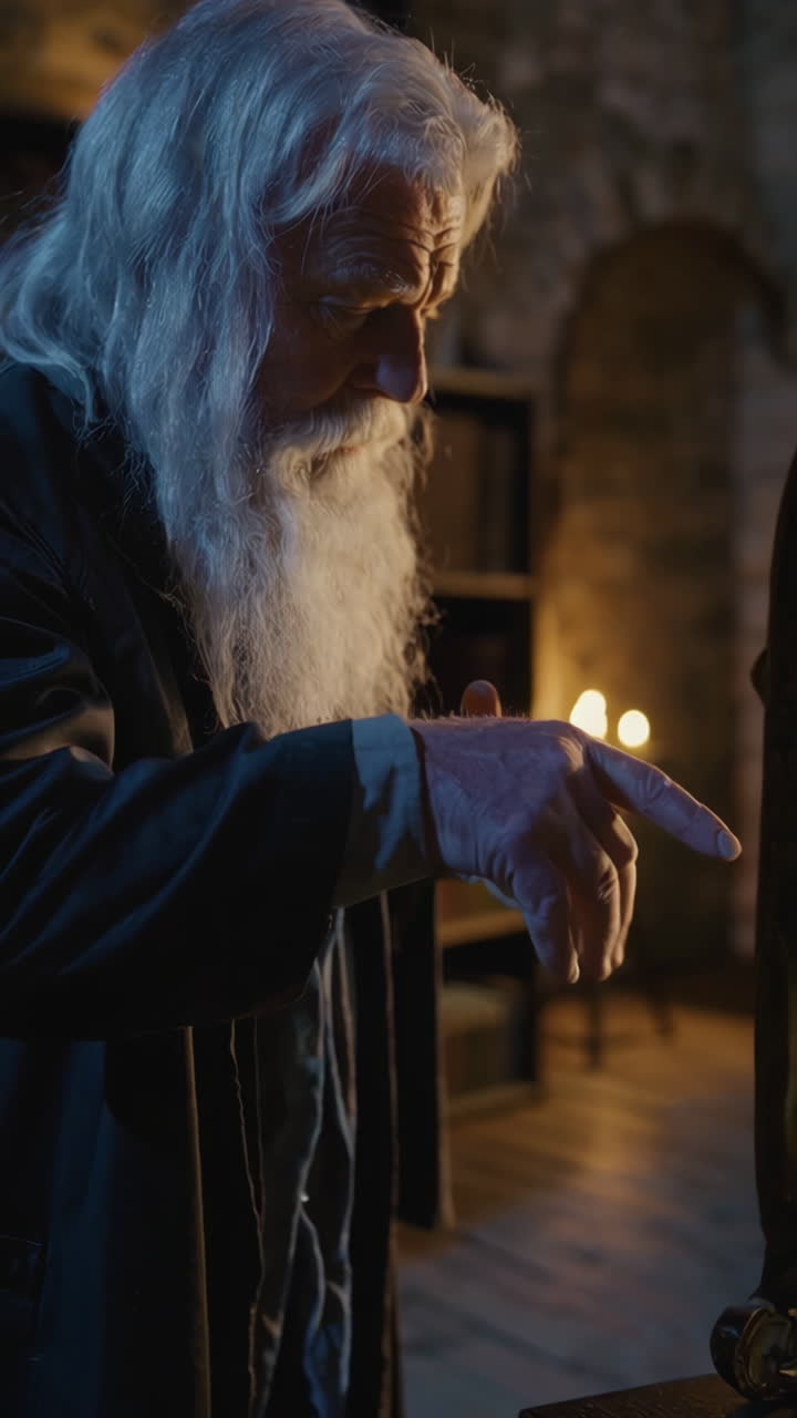 Old Wizard Contemplating an Antique Mirror in a Dark Library