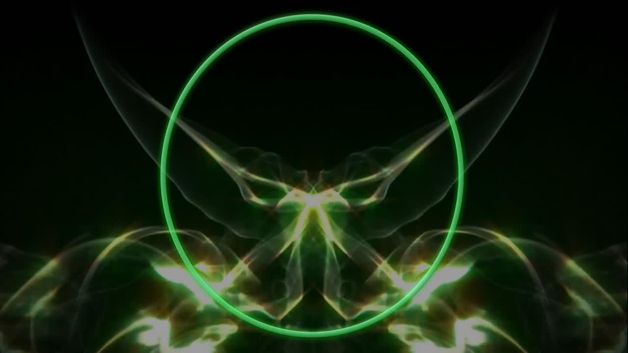 Green circle and abstract symmetrical shapes, glowing animation on dark background