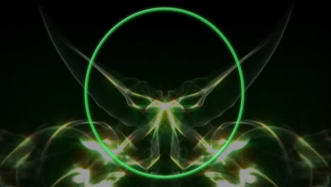 green circle and abstract symmetrical shapes, glowing animation on dark background