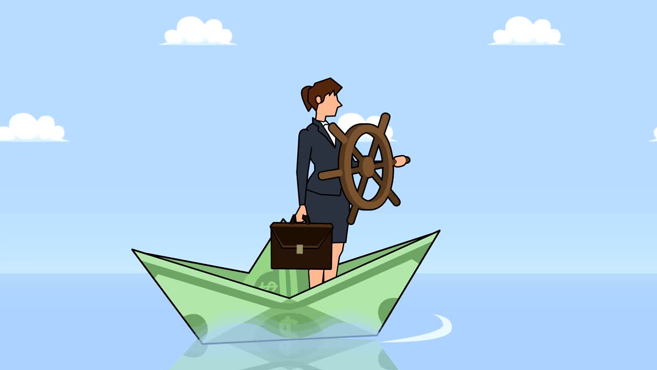 평평한 만화 사업가 캐릭터, 헬름, 달러 종이 보트, 비즈니스 컨셉 애니메이션