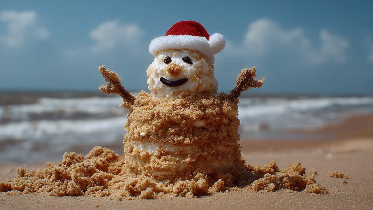 A Fun Winter Twist on a Classic Beach Scene Featuring a Creative Sandman Dressed in Holiday Cheer, Complete with a Santa Hat and a Friendly Smile