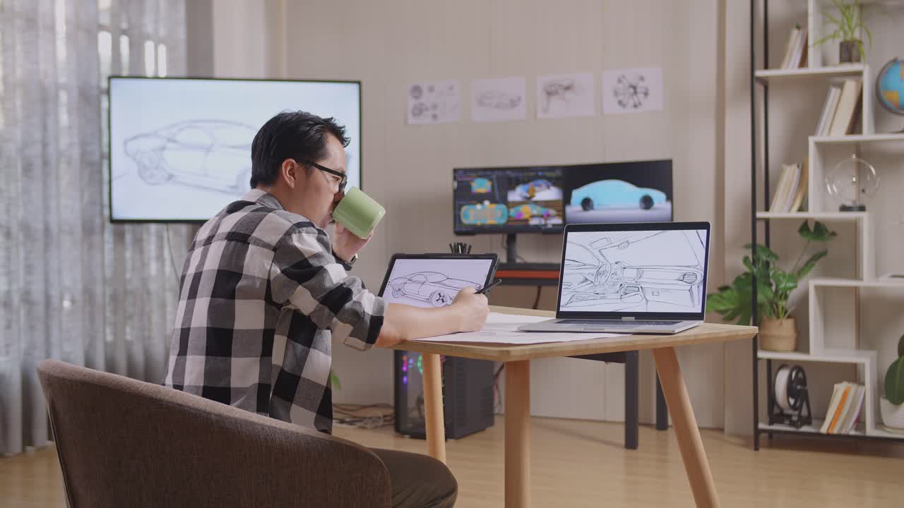 아시안 남성이 커피를 마시며 tv와 컴퓨터 디스플레이 3d 전기 자동차 모델을 가진 스튜디오에서 태블릿에 새로운 자동차 디자인 컨셉을 그립니다.