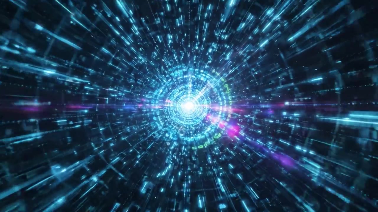 Una visualizzazione mozzafiato del flusso di dati e dell'energia, che raffigura un tunnel digitale futuristico con raggi di luce vibranti che rappresentano il movimento delle informazioni in un mondo digitalizzato.