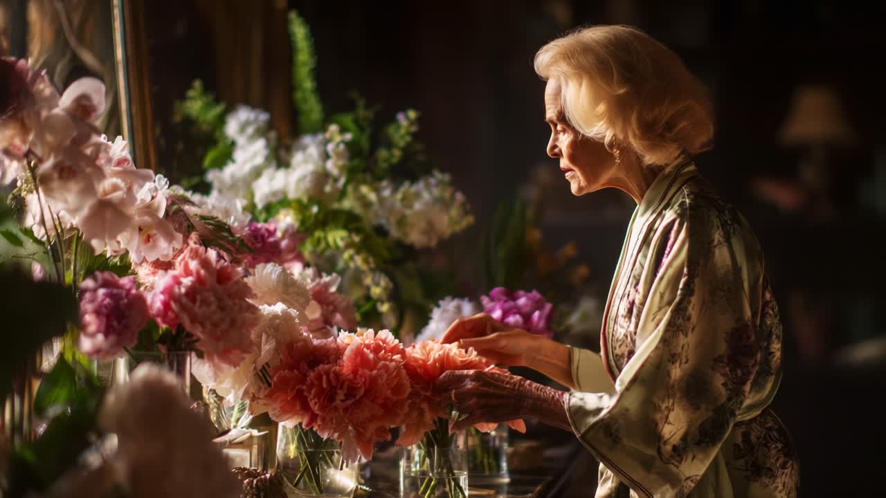 A reflective moment captured in time reveals a graceful woman tenderly arranging a vibrant bouquet of flowers, surrounded by soft, natural light and an atmosphere of serenity
