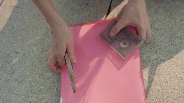 Hand interacts with stationery items on pink folder placed outdoors. sequence shows person picking up scissors moving them aside and then grasping audio cassette case beside other objects
