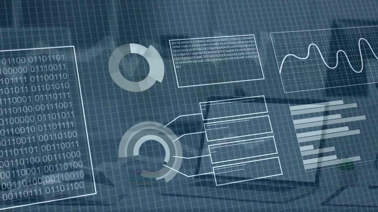 On load dashboard overlay animating, binary pulsing, radial chart linking labels, showing data