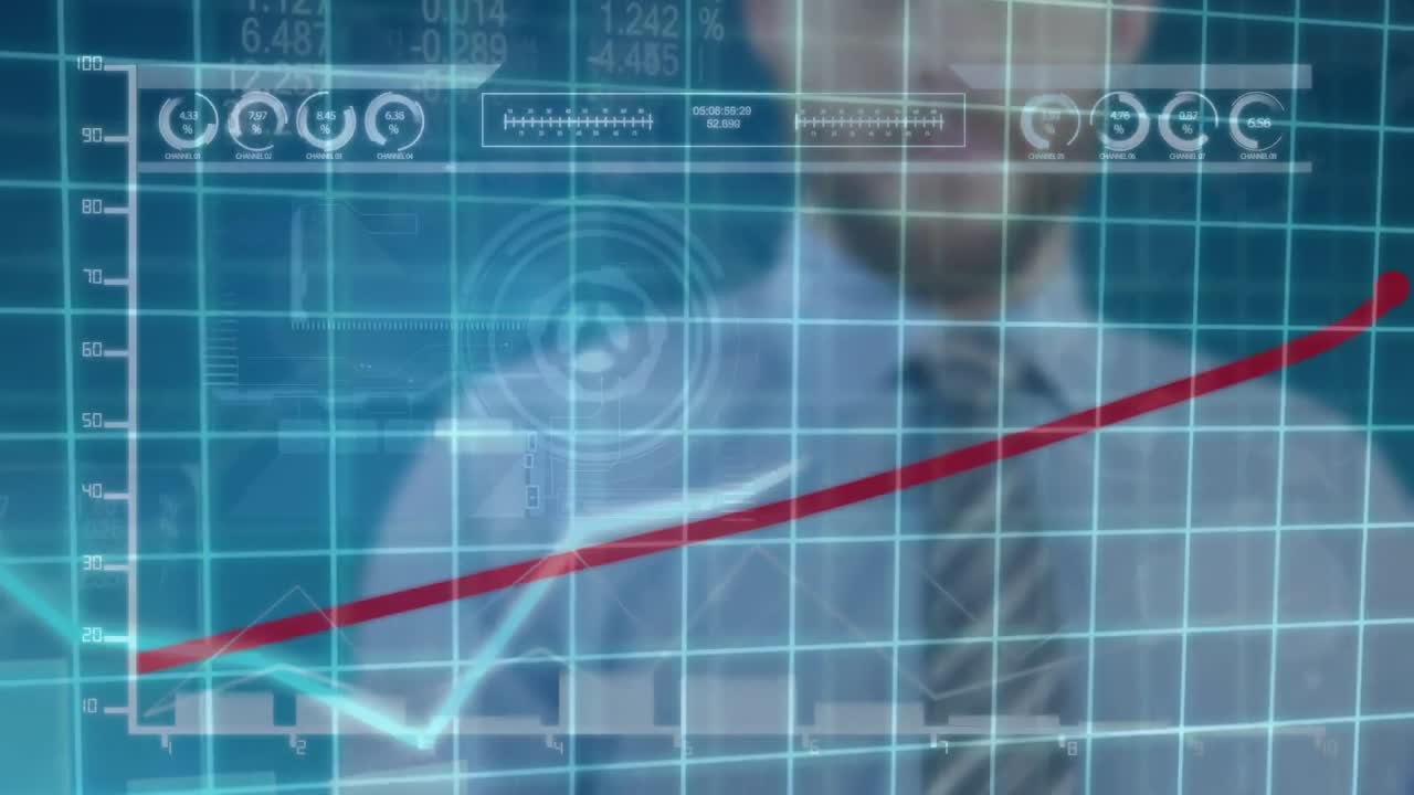 compuesto digital de un hombre de negocios tocando una pantalla futurista