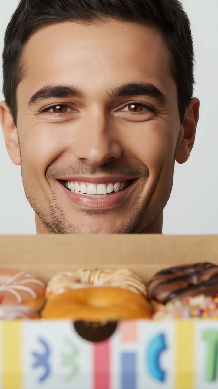 Vertical video: Man presenting box facing camera, lifting lid at studio, revealing assorted donuts