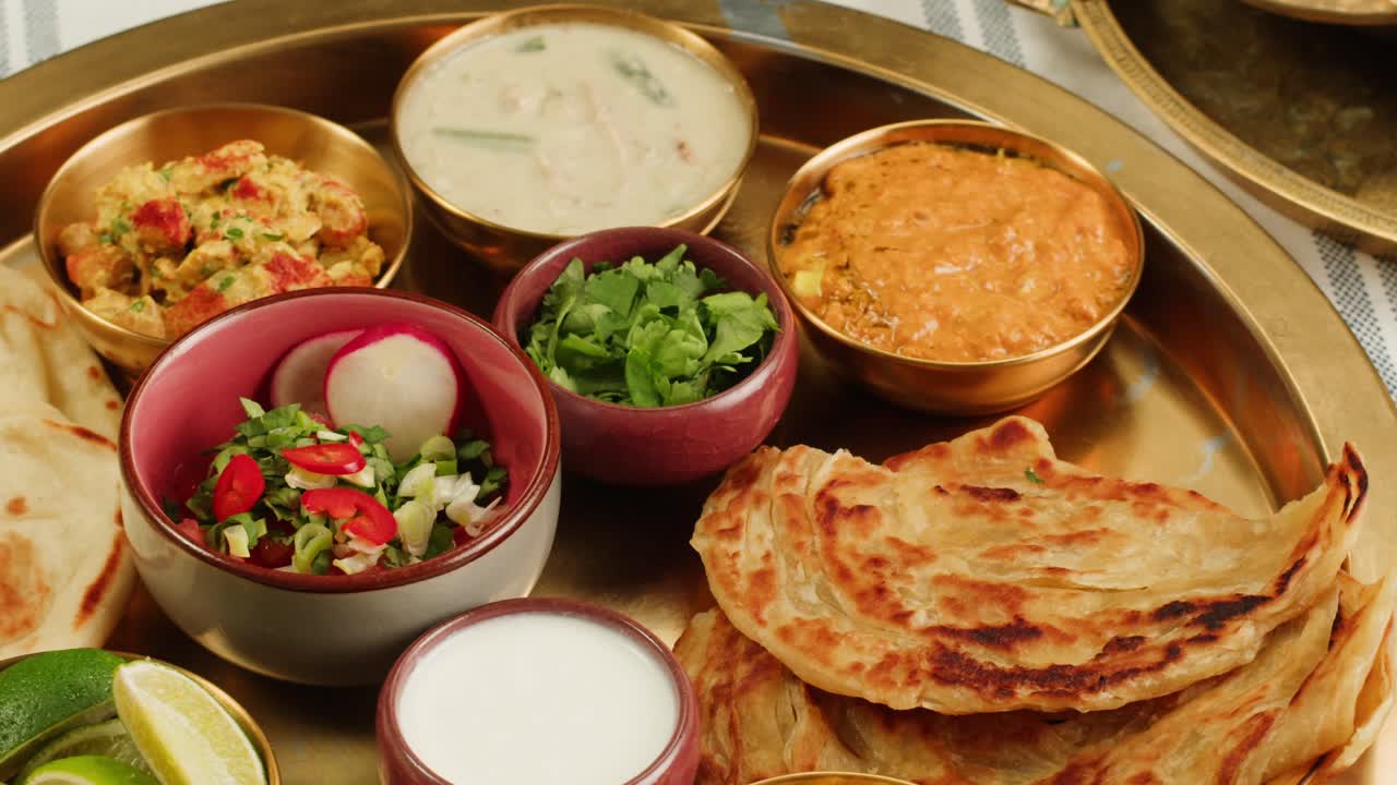 Assorted indian sri-lanka food set on wooden background. Dishes and appetisers of indeed cuisine, rice, lentils, paneer, samosa, spices, masala. Bowls and plates with indian food top view chicken. High quality 4k footage