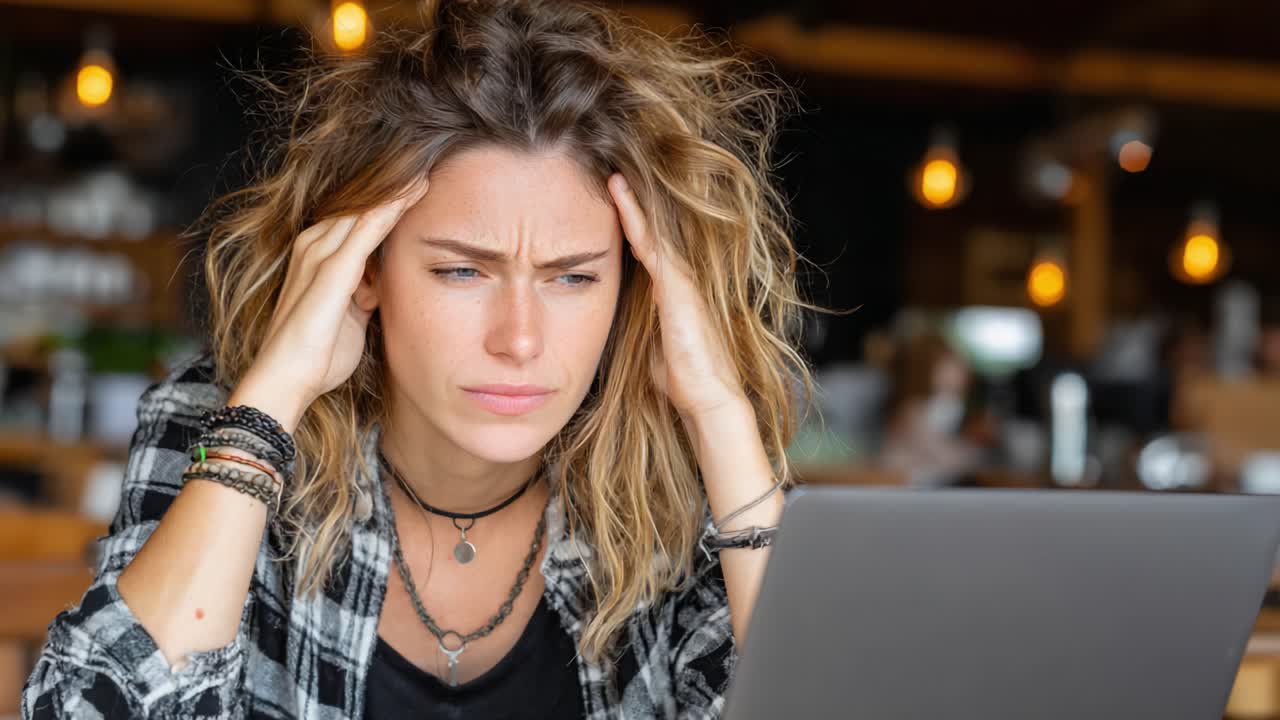A Young Woman Expresses Frustration and Stress While Working on Her Laptop in a Cozy Cafe Environment, Struggling with Concentration and Challenges