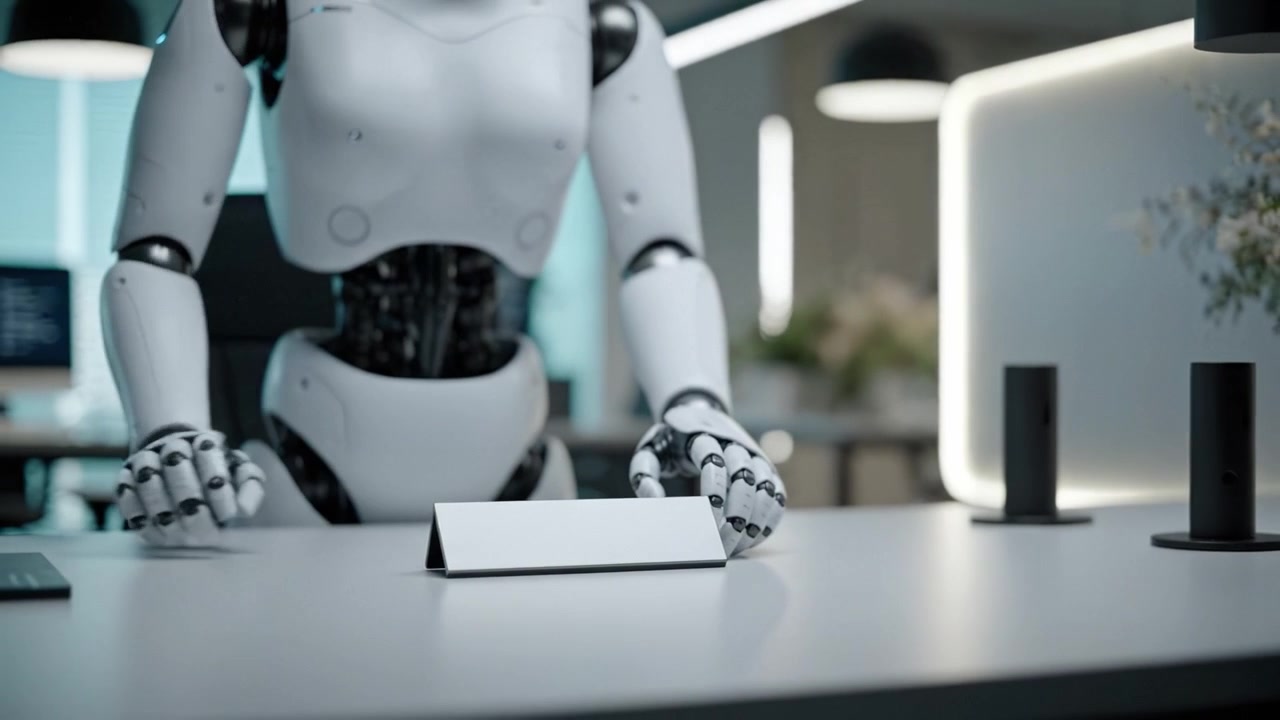 Una mano robotica futuristica con un dispositivo elegante in uno spazio di lavoro ultra-moderno, che esemplifica la tecnologia avanzata e la collaborazione uomo-robot