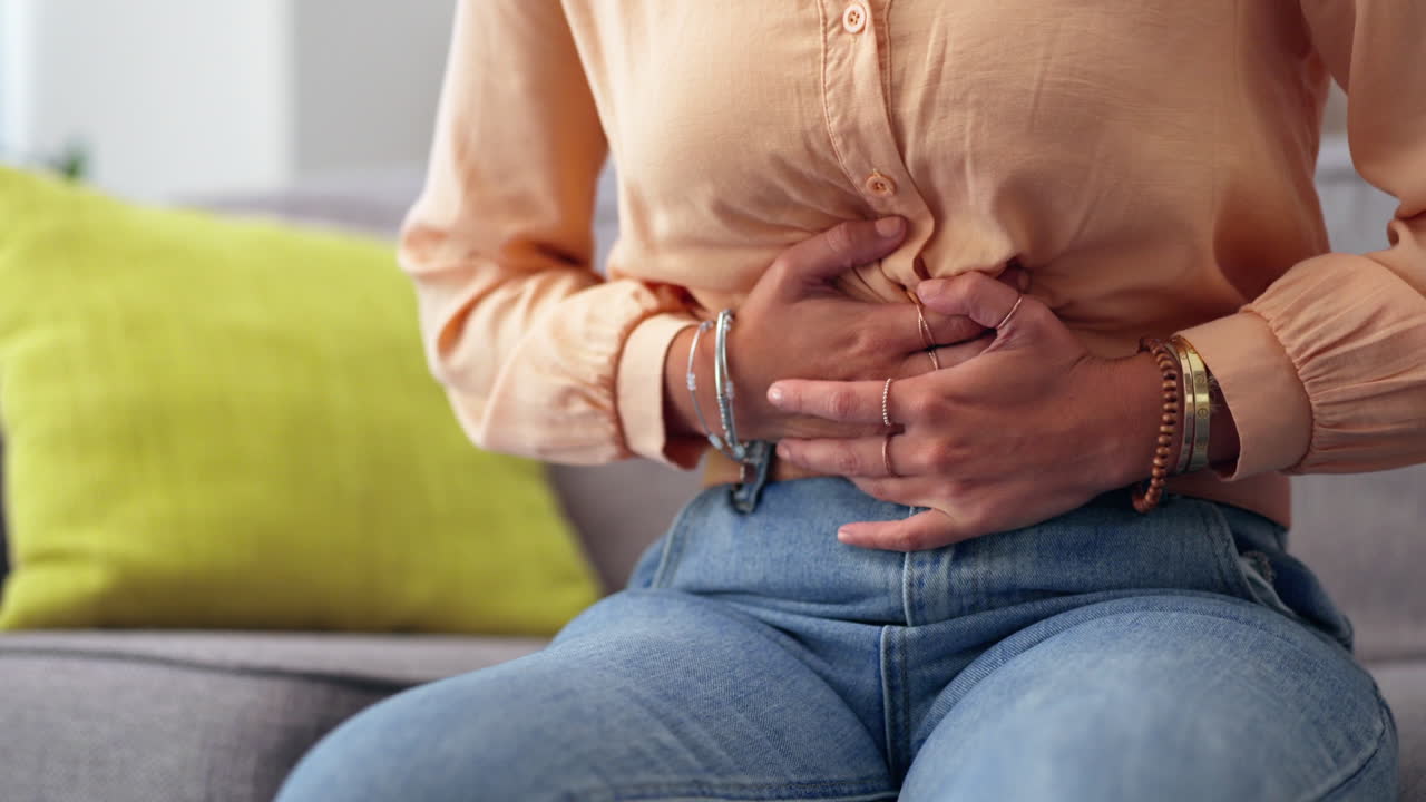 Stomach pain, digestion and sick with woman