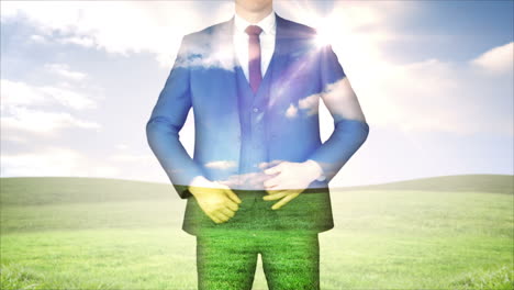 hombre de negocios con cielo y cubierta de hierba