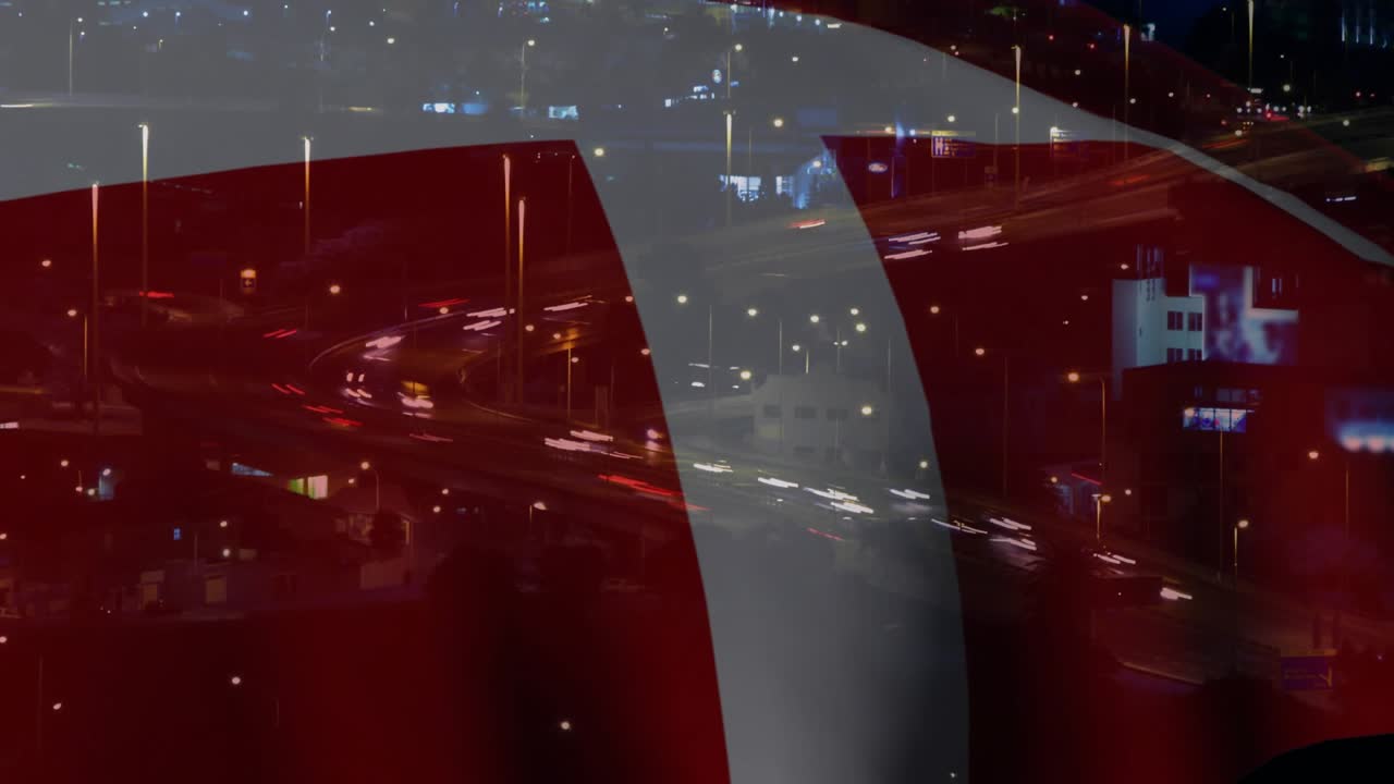 Wind gusting, Danish flag waving, cross shifting over wet road while traffic streaking for nation