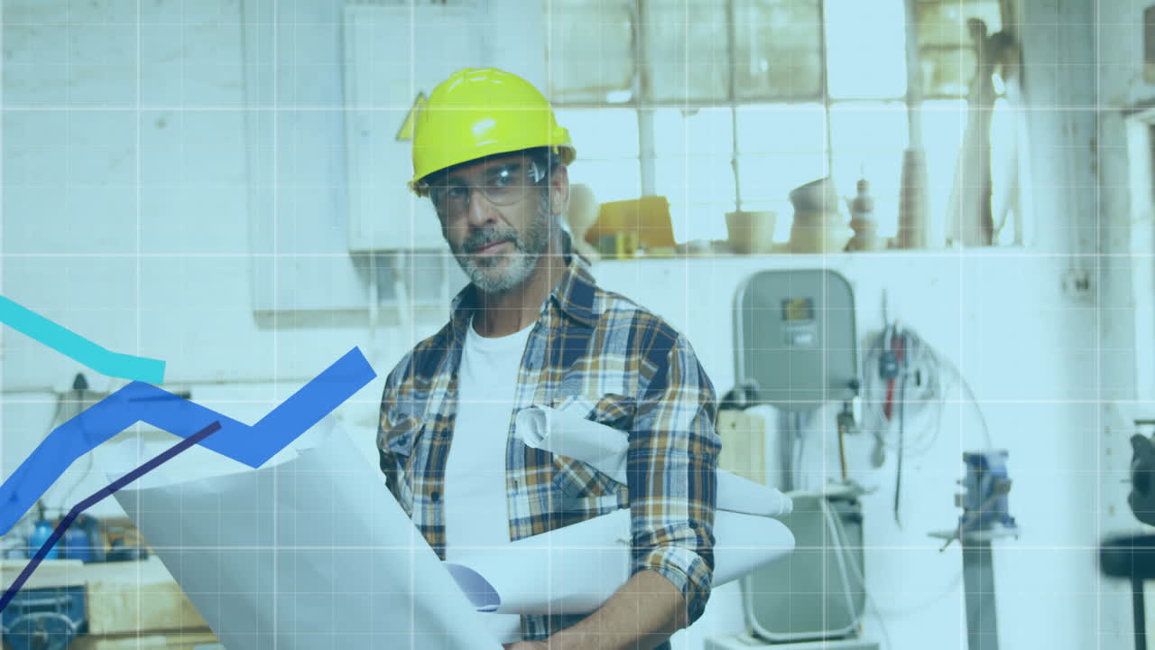 Financial data over male architect holding plans.