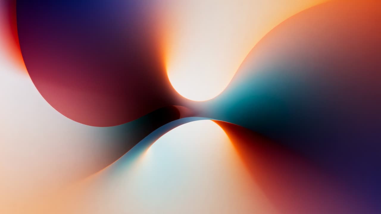 Morphing orange-teal form responding to turquoise seam on digital canvas, forming luminous bridge