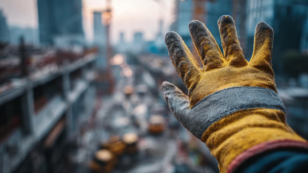 A Worker Reaches Out with a Gloved Hand to Signal Presence at a Busy Construction Site Amidst Rising Structures and Urban Machinery in the Background