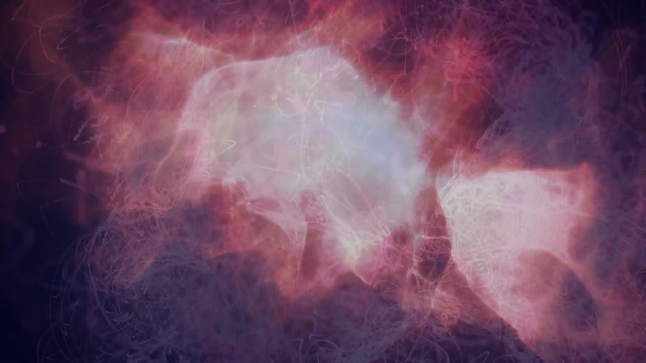Un faible nuage lumineux émerge au centre, s'étendant, pulsant, tournant et s'atténuant, révélant une énergie cosmique.