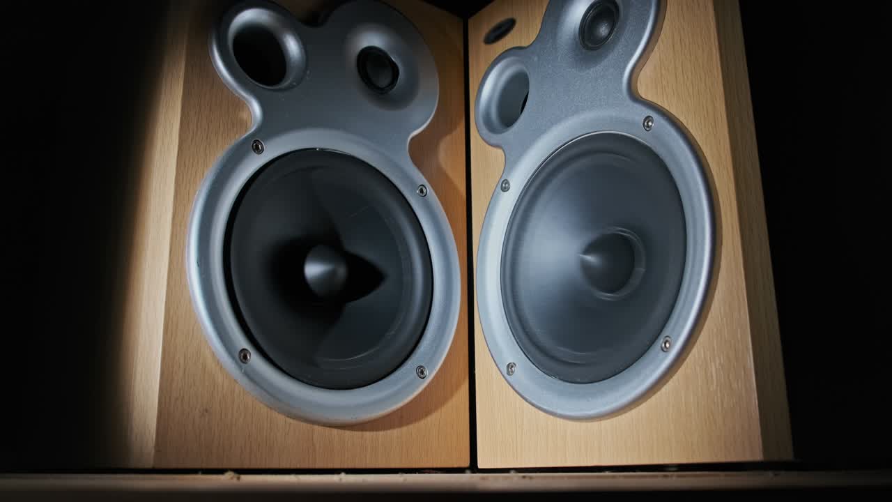 los altavoces de audio vibran de sonido bajo en cámara lenta sobre fondo negro