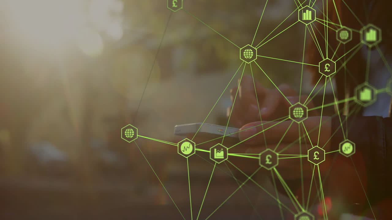 Female marketer tapping smartphone in park, showing green network with finance icons