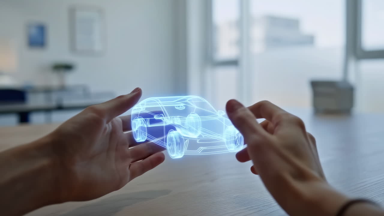 Hands Manipulating a Holographic Car 3D Model