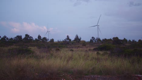 Establisher-handheld-shot-of-two-wind-turbines-in-dry-summer-vegetation,-day