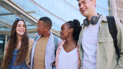 college group, hug and people walking