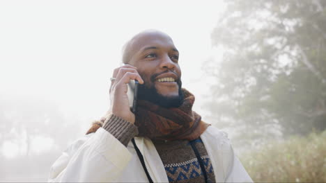 thinking, black man and nature with a phone call