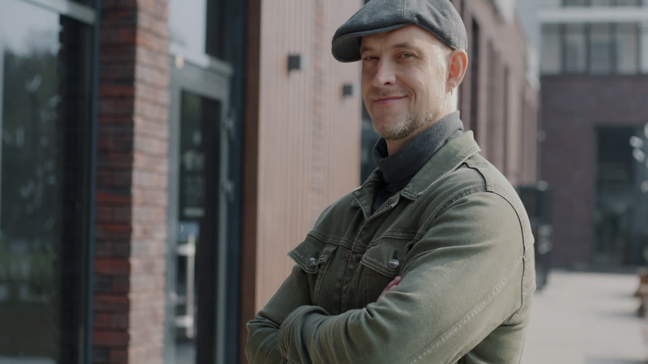 hombre sonriente en la ciudad