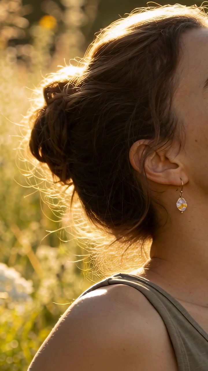Video verticale: Donna che si crogiola al sole, inclinando la testa alla brezza in un prato illuminato dal sole, con orecchino, spallina della canotta e chignon.