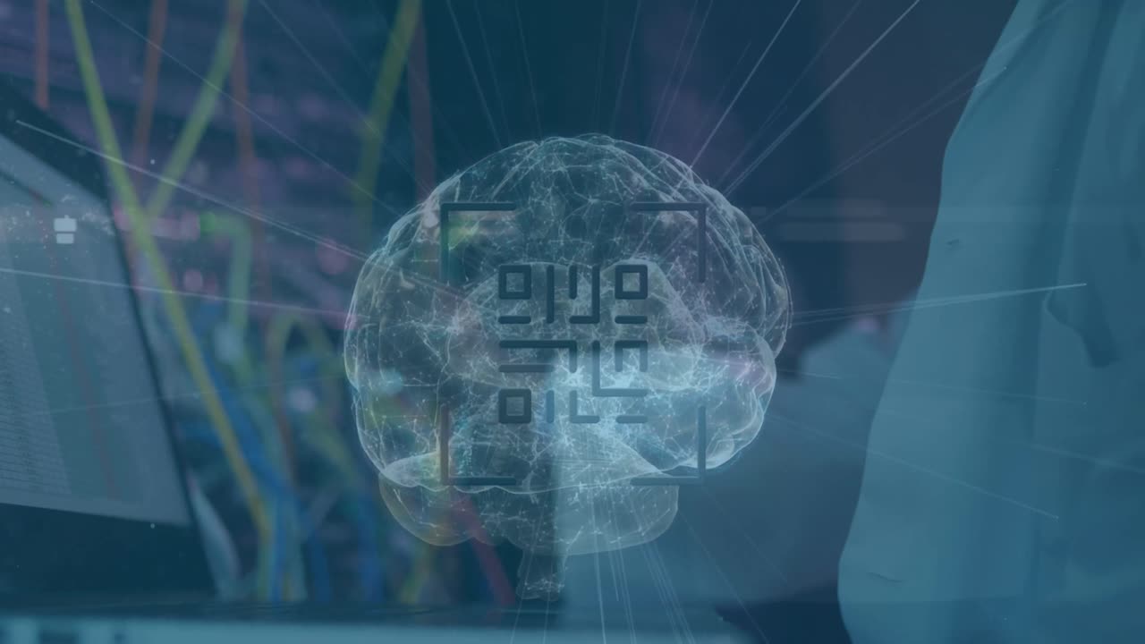 Animation of spinning brain over server room worker