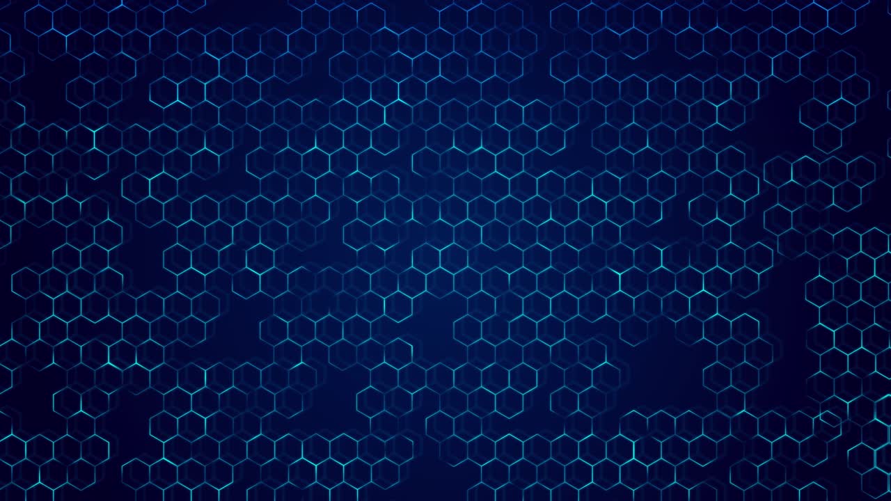 Abstract animation hexagonal pattern grid on dark tech background for data visualization blockchain