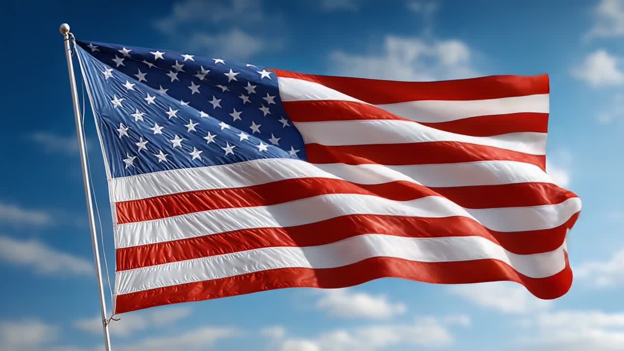 Bandera estadounidense ondeando: Una gloriosa muestra de patriotismo al viento, capturada en colores vibrantes contra un cielo azul claro, simbolizando libertad y unidad