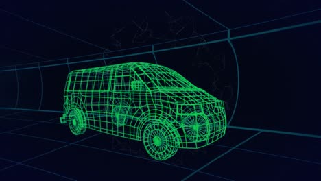 animación de redes de conexiones sobre modelo de dibujo 3d de furgoneta y cuadrícula