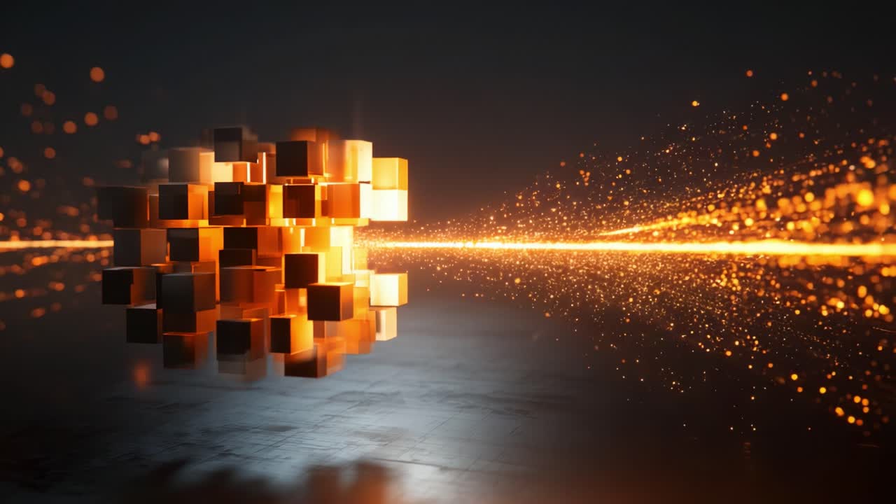 A mesmerizing visual journey through a dynamic 3D representation of glowing cubes, illuminating sparks, and reflective surfaces that inspire creativity and innovation