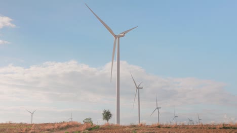 panorama de los campos de las granjas de molinos eólicos producen energía limpia y sostenible