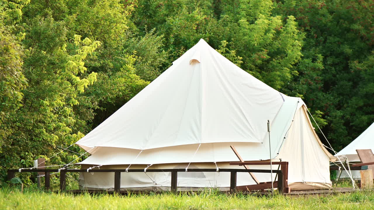 Tents with wooden chairs at glamping, lush forest around