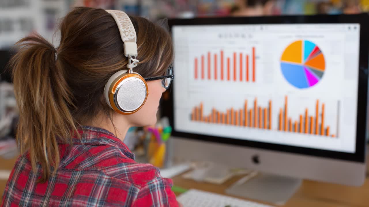 Focused Individual Analyzing Data on a Computer Screen with Graphs and Charts While Listening to Music through Headphones in a Modern Workspace Setting