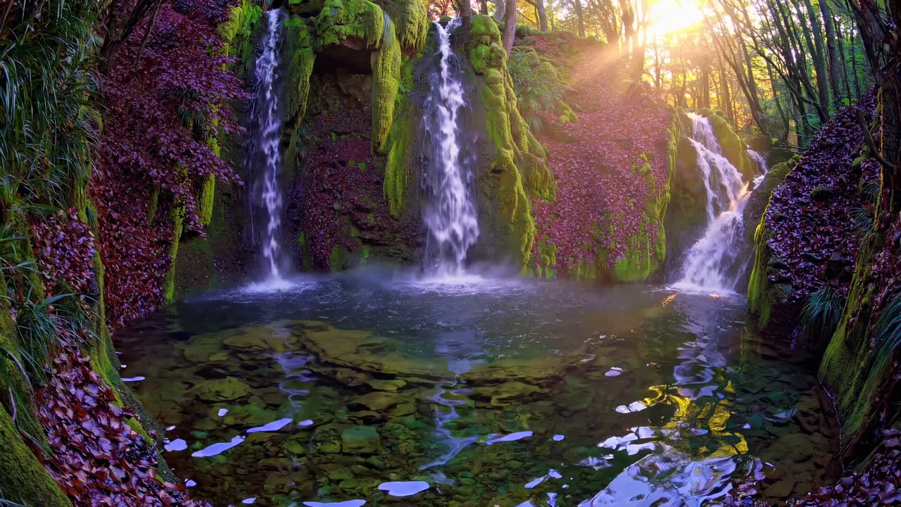 A serene waterfall video scene with vibrant moss and sunlight