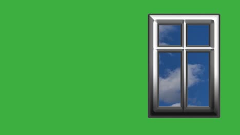 computer animated window view with moving white clouds on blue sky, with green screen,time lapse