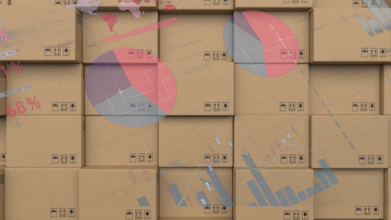 Animation of statistics processing over stack of cardboard boxes in background