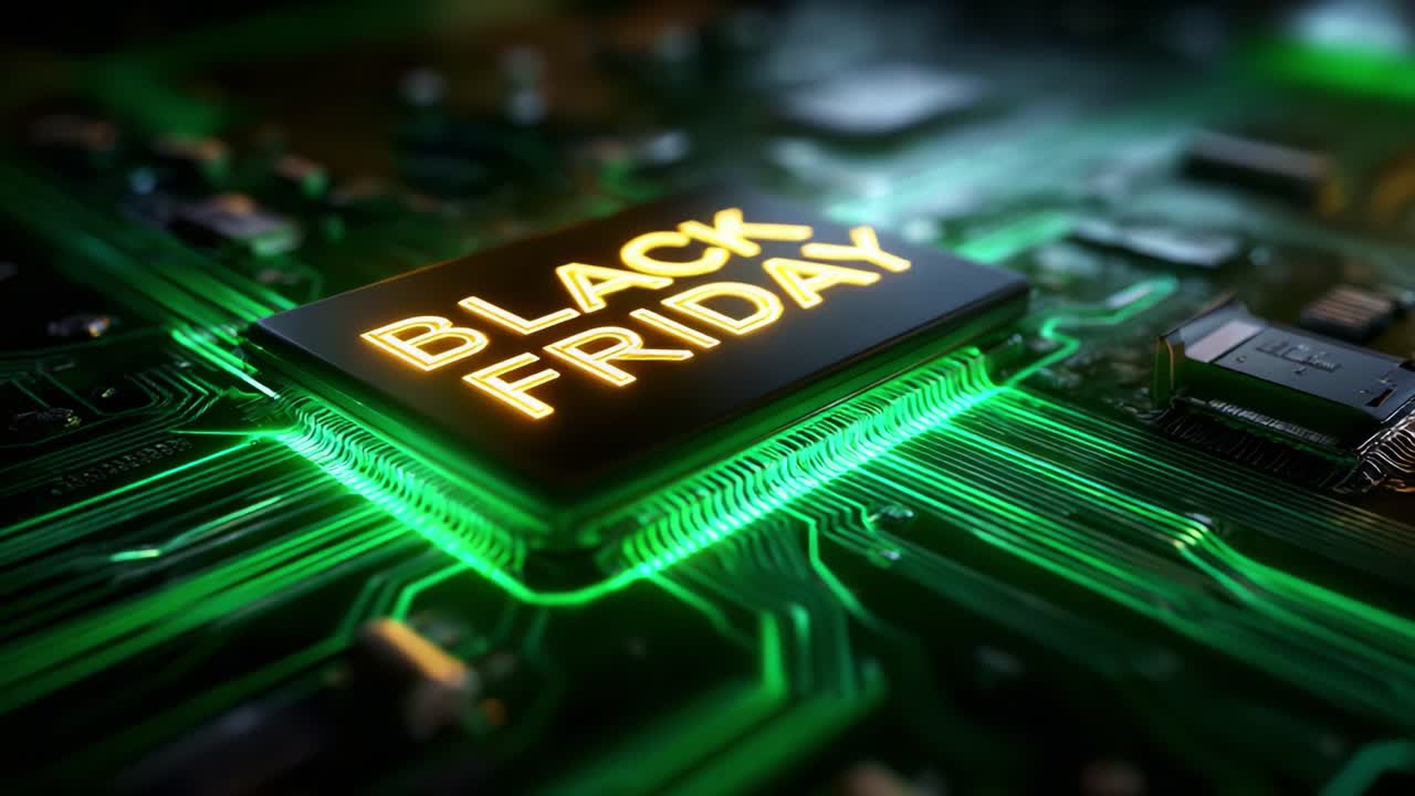Stunning Digital Circuit Rendering Featuring the Boldly Illuminated 'Black Friday' Text, Set Against a Futuristic Green-Lit Electronic Background, Perfect for Marketing Themes