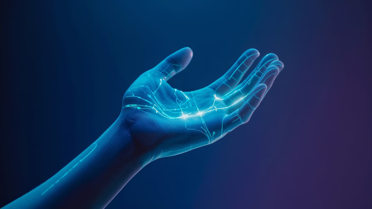Rotating hand forming fist in gradient backdrop, pulsing neon-blue circuits tracing palm and arm