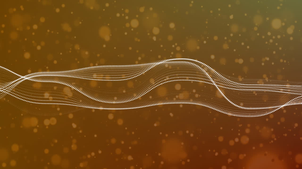 animación de ondas digitales y manchas flotantes contra un fondo de gradiente amarillo.