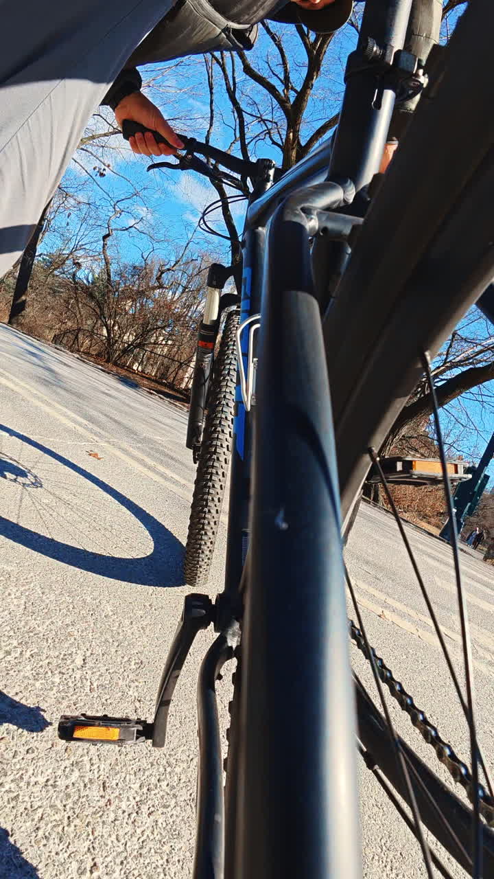 New York, USA, 8 October 2024: Exploring Central Park trails by bicycle. Bicyclist navigating paths in Central Park during a clear day, surrounded by trees and expansive blue skies