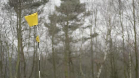 yellow golf flag blows on rural golf course