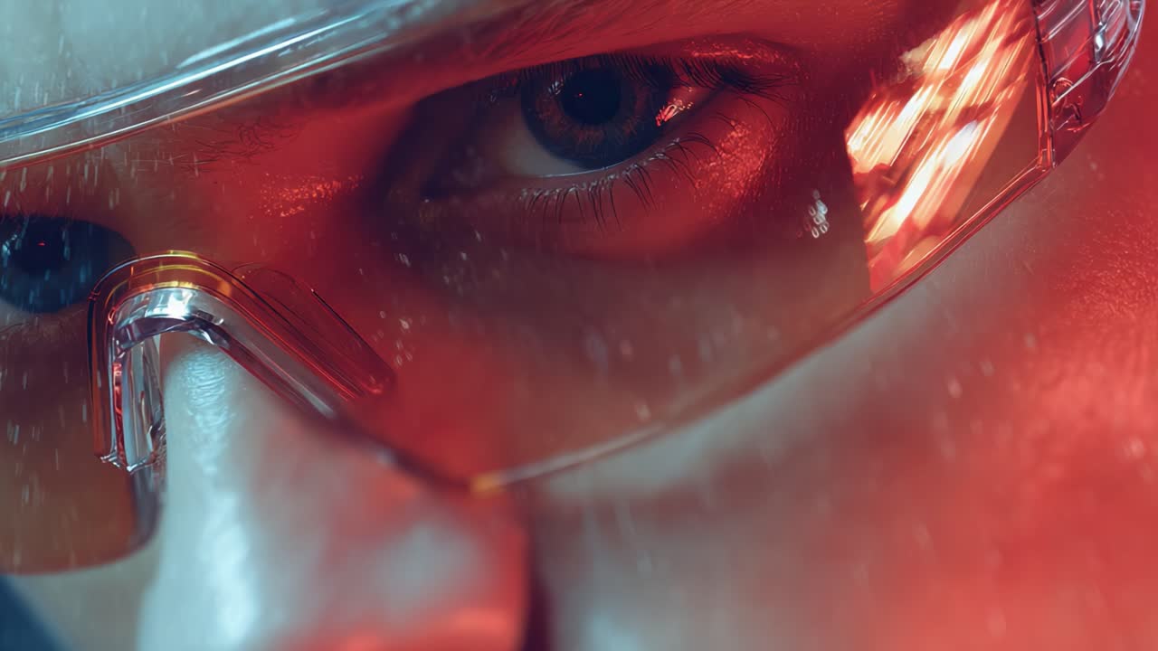 Intense Close-Up of a Person's Eye Reflected Through Futuristic Eyewear, Enhanced by Dramatic Lighting and Water Droplets, Capturing a Moment of Focus and Determination