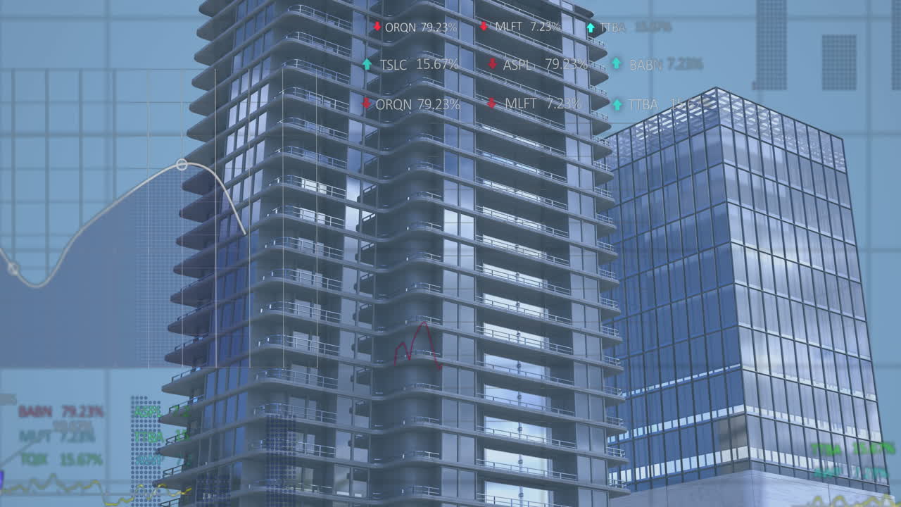 高層ビルに対する統計と株式市場のデータ処理のアニメーション